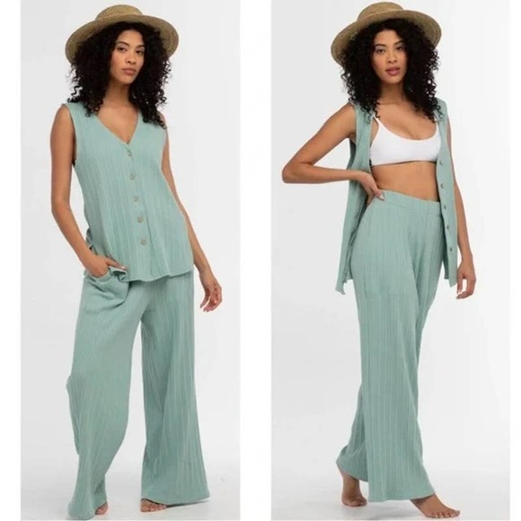 Free People Other - Free People Green Dana Knit Two Piece Set in April Mist Vest & Pant Size S NWT